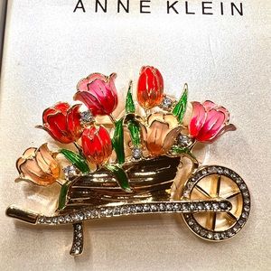 Anne Klein Pave & Colored Enamel Flower Cart Pin Gold-Tone